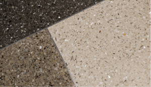brown, beige, and black terrazzo with metal divider strips