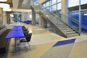 gray terrazzo treads with gray, brown, white and blue terrazzo floor