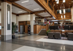 brown, gray, and white terrazzo floor with gray terrazzo column