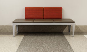 beige terrazzo straight base with a gray and white floor and red and brown bench