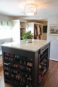 blue and white terrazzo table top with shoes