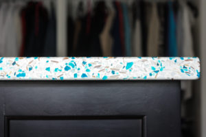 blue and white terrazzo table top